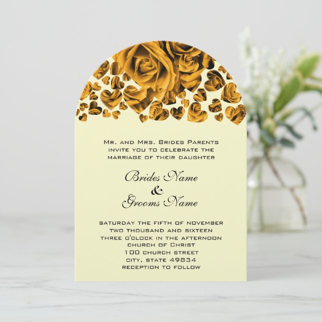 Gold Heart Roses Wedding Invitation (Standing Front)