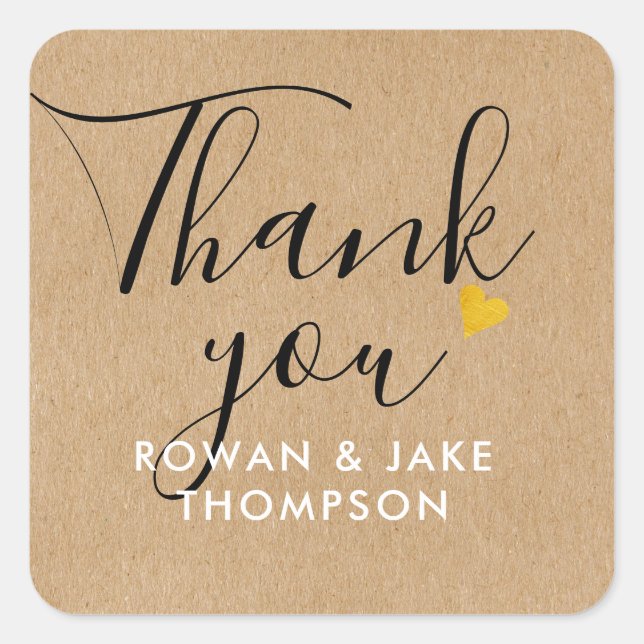 Gold Heart Rustic Kraft Script Thank You Square Sticker (Front)