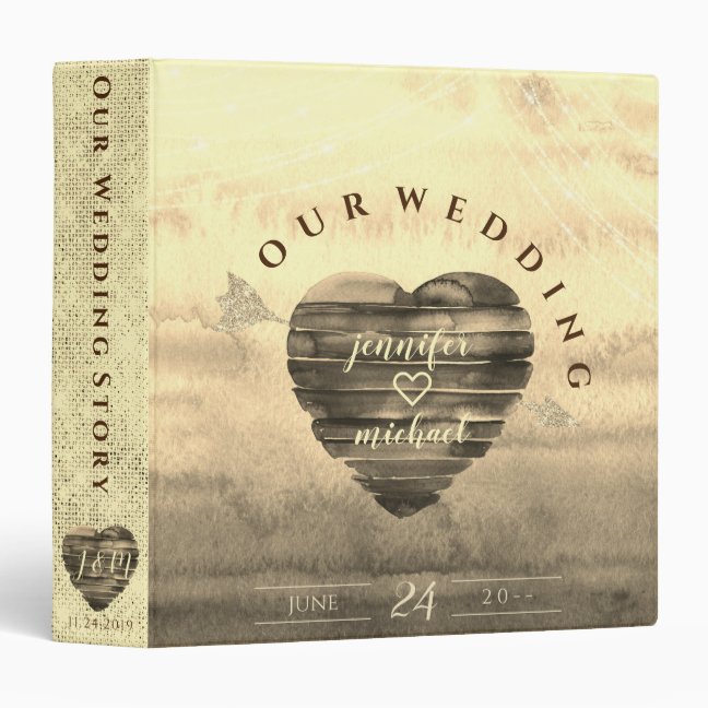 Gold Heart Rustic Wood Wedding 3 Ring Binder