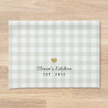 Gold Heart Sage Buffalo Check Custom Name Gift Kitchen Towel<br><div class="desc">Custom-designed modern rustic farmhouse style kitchen hand towel featuring name design on soft sage buffalo check pattern.</div>