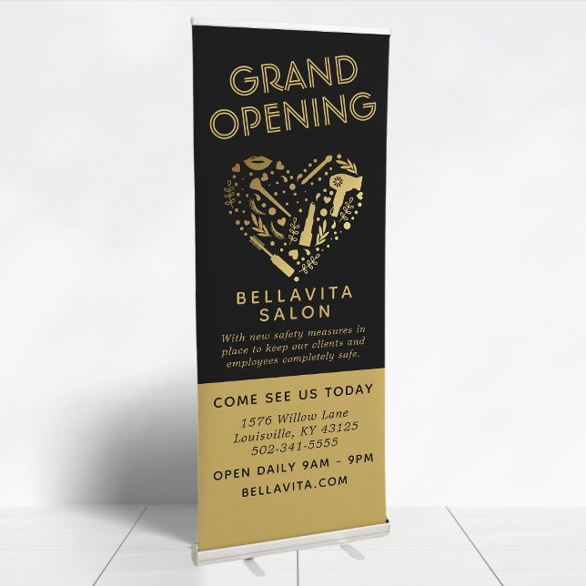 Gold Heart Salon Business Reopening Retractable Banner (Creator Uploaded)