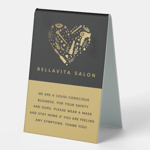 Gold Heart Salon Covid Conscious Safety Table Tent Sign