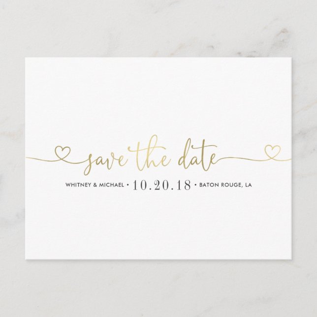 Gold Heart Save the Date Announcement Postcard (Front)