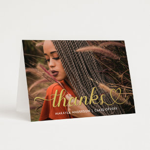 Gold Heart Script Graduation Photo Thank You Foil Greeting Card