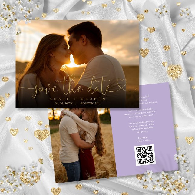 Gold Heart Script Photo Wedding QR Code Lavender Save The Date (Gold Heart Script Photo Wedding QR Code Lavender Save The Date)
