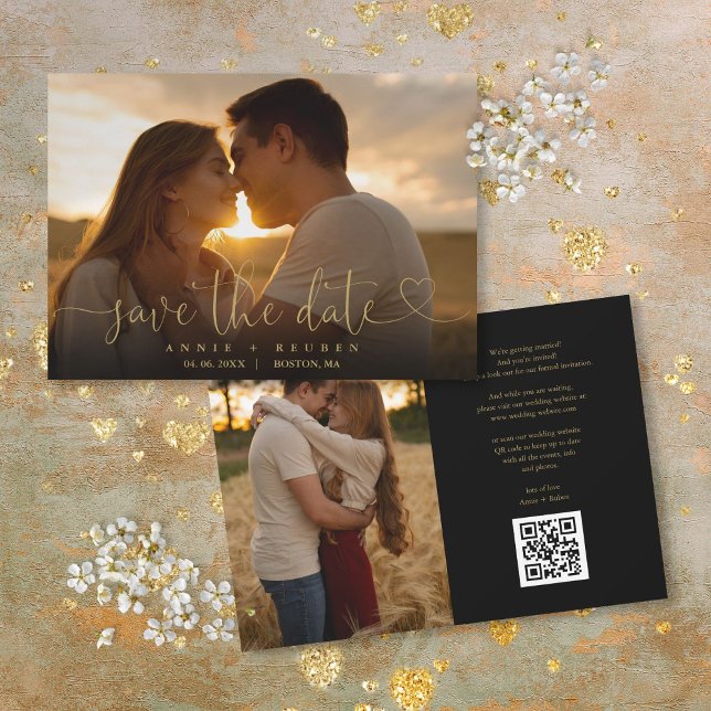 Gold Heart Script Photo Wedding QR Code Save The Date (Gold Heart Script Photo Wedding QR Code Save The Date)