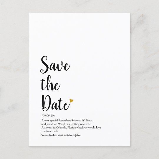 Gold Heart Script Save the Date Definition Announcement Postcard