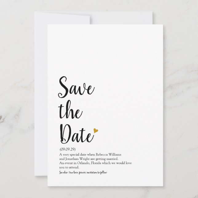 Gold Heart Script Save the Date Definition Invitation (Front)