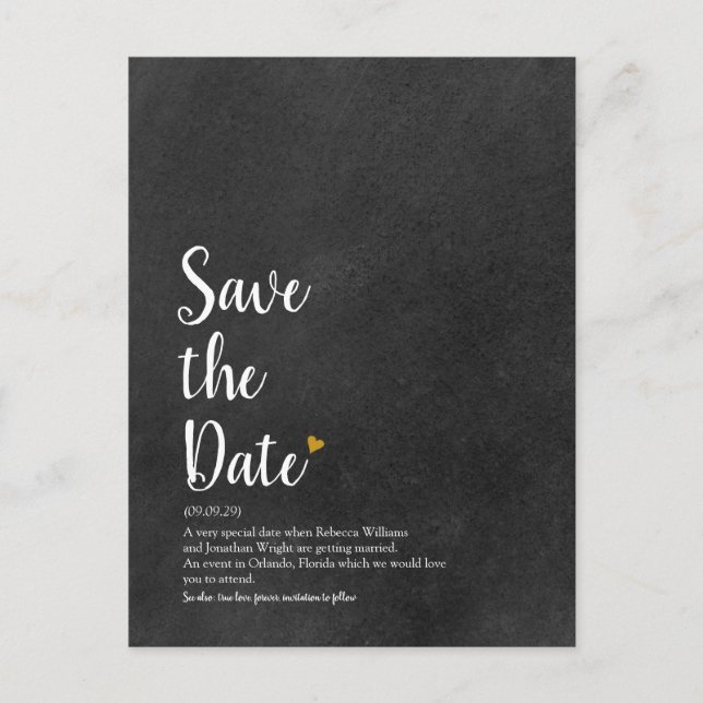 Gold Heart Script Save the Date Definition Postcard (Front)