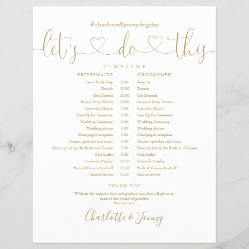 Gold Heart Script Wedding Schedule Timeline - This stylish wedding schedule-timeline can be personalized with your wedding details in chic gold lettering. Designed by Thisisnotme©