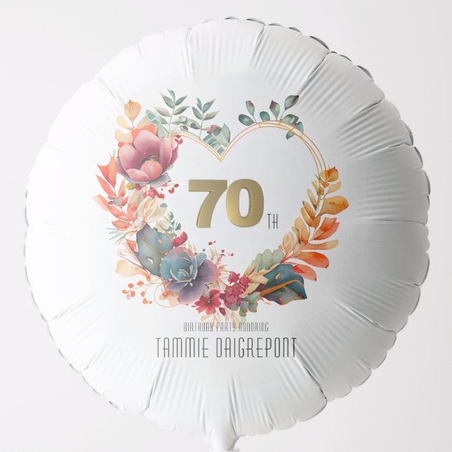 Gold Heart Shape Peony Flower 70th Birthday Party Balloon (Front)