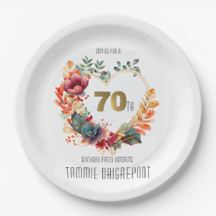 Gold Heart Shape Peony Flower 70th Birthday Party Paper Plates