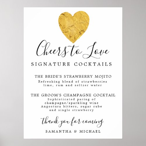 Gold Heart Signature Cocktails Wedding Bar Sign