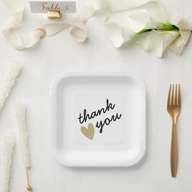 Gold Heart Simple Sincere Thank You Paper Plates (Wedding)