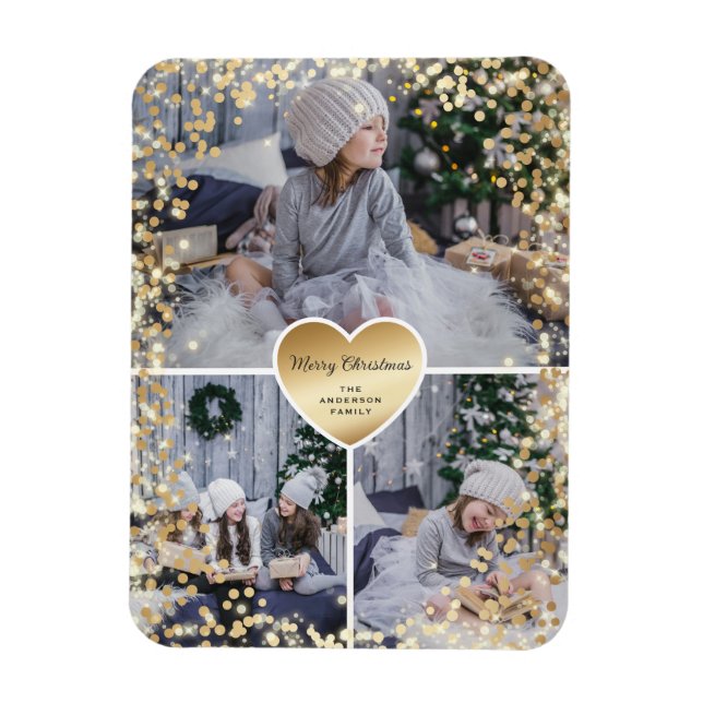 Gold Heart Sparkly Photo Merry Christmas Magnet (Vertical)