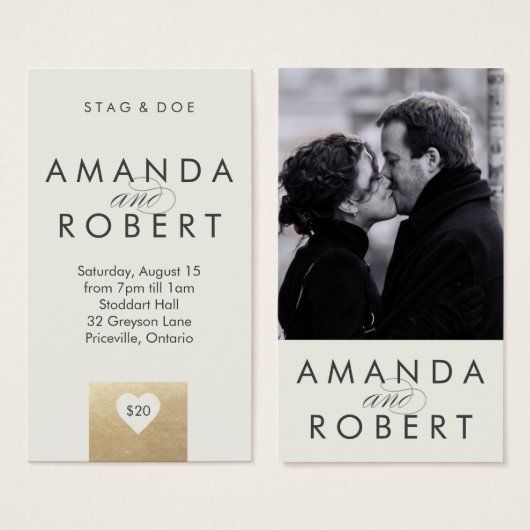 Gold Heart Stag & Doe Ticket, Cream (Front & Back)