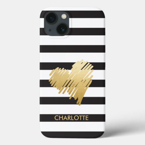Gold Heart Striped Personalized iPhone 13 Case