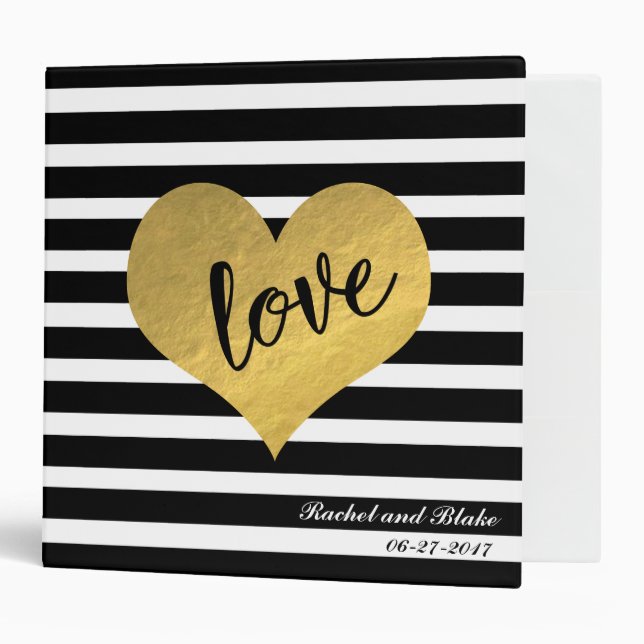 Gold Heart Stripes Love Wedding Album 3 Ring Binder (Front/Inside)