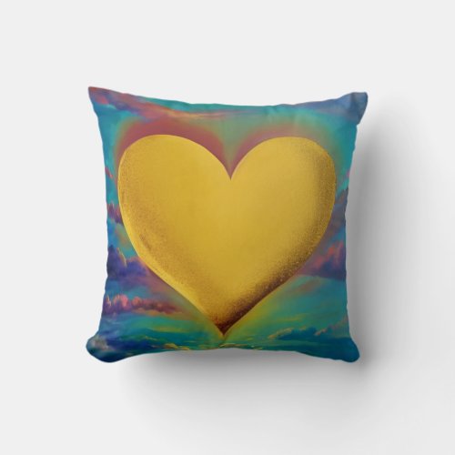 Gold Heart Surrounded by Colorful Clouds Throw Pillow