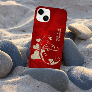 Gold Heart Swirl Faux Glitter on Red Case-Mate iPhone 14 Case