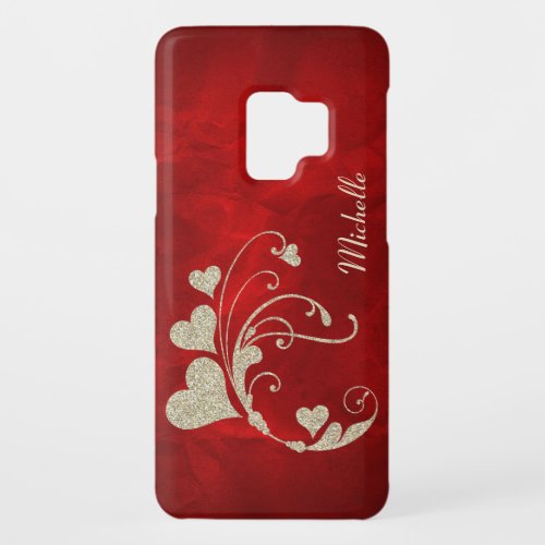 Gold Heart Swirl Faux Glitter on Red Case_Mate Samsung Galaxy S9 Case