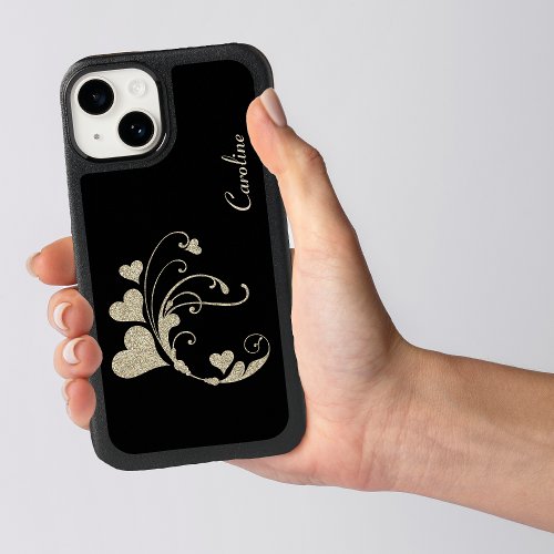 Gold Heart Swirl Glitter on Black OtterBox iPhone 14 Case