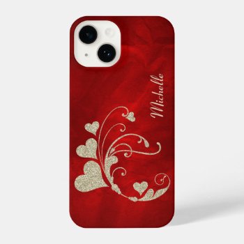Gold Heart Swirl Glitter On Red Iphone 14 Case by MegaCase at Zazzle