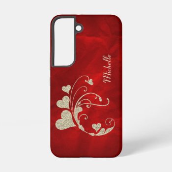Gold Heart Swirl Glitter On Red Samsung Galaxy S22 Case by MegaCase at Zazzle