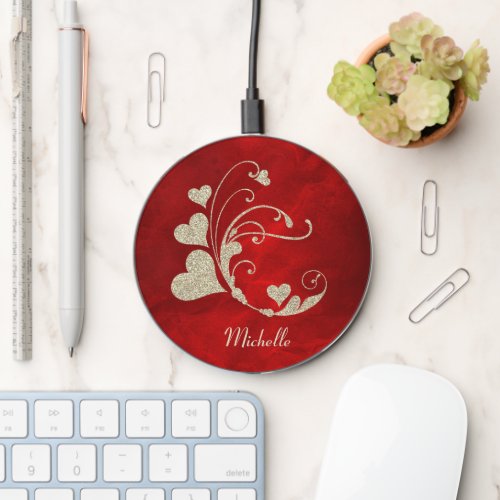 Gold Heart Swirl Glitter on Red Wireless Charger