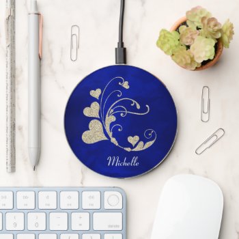 Gold Heart Swirl Glitter On Royal Blue Wireless Charger by MegaCase at Zazzle