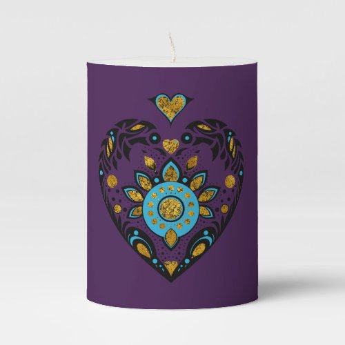 Gold heart tattoo on purple background pillar candle