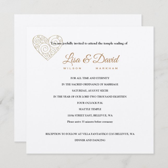 Gold Heart Temple Wedding & Reception Invite (Front/Back)