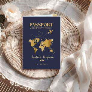 Gold Heart Travel Passport Destination Wedding Invitation