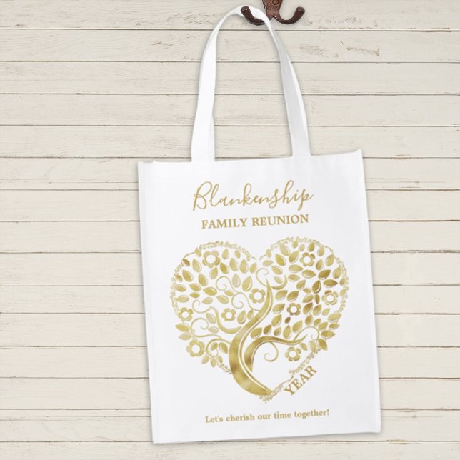 Gold Heart Tree Family Reunion One Sided Design Grocery Bag (Give reunion guests a gift to remind them of their family time together with this custom tote.)