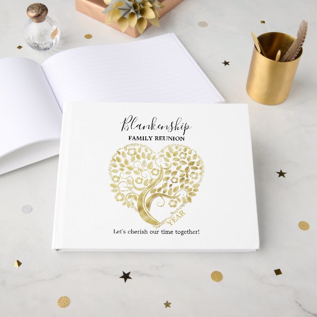 Gold Heart Tree Family Reunion Personalized Party Guest Book (Front Open)