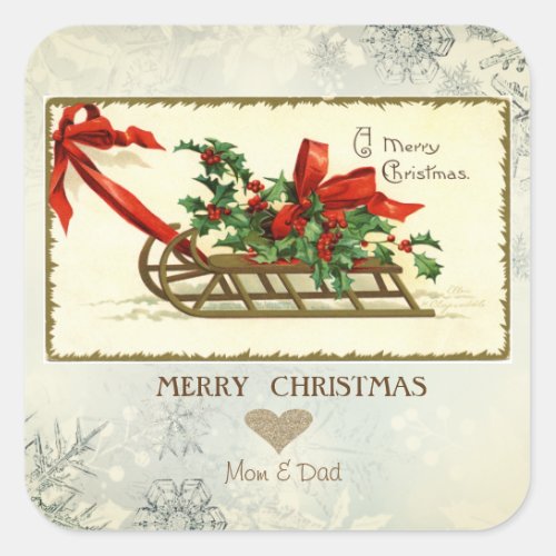 Gold Heart Vintage Christmas SleighMistletoe Square Sticker