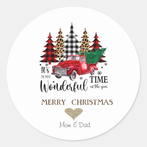 Gold HeartVintage Red Truck Pine Trees Christmas Classic Round Sticker
