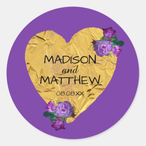 Gold Heart w Purple Roses Personalized Wedding Classic Round Sticker