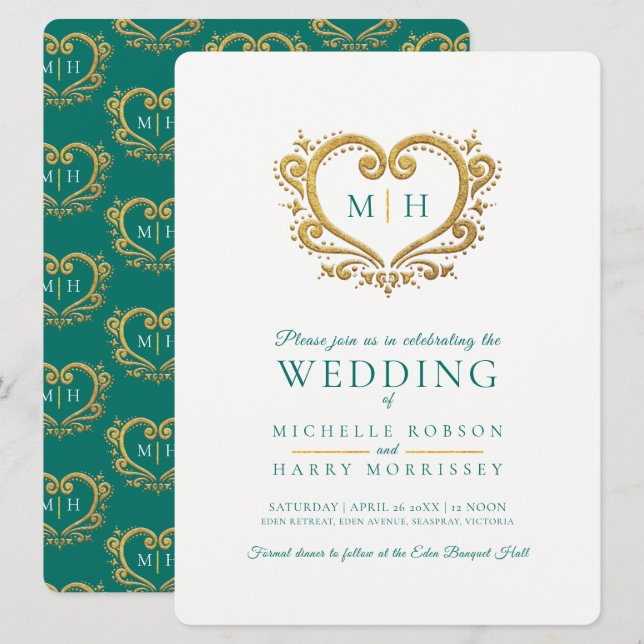 Gold heart wedding dark emerald green and white invitation (Front/Back)