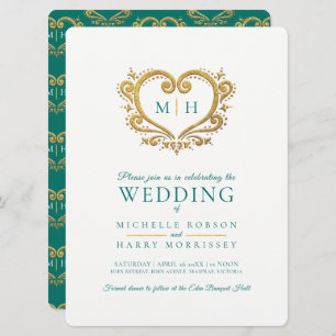 Gold heart wedding dark emerald green and white invitation