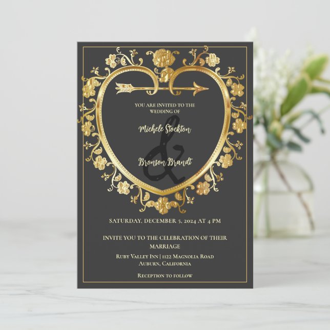 Gold Heart Wedding Invitation (Standing Front)