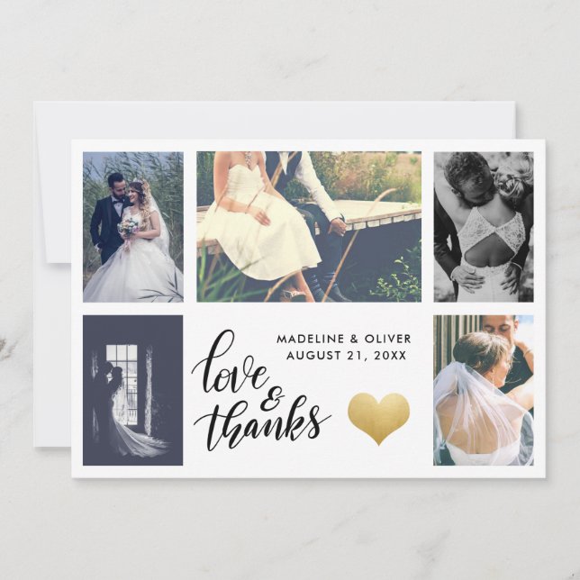 Gold Heart | Wedding Photo | Love & Thanks Script Thank You Card (Front)