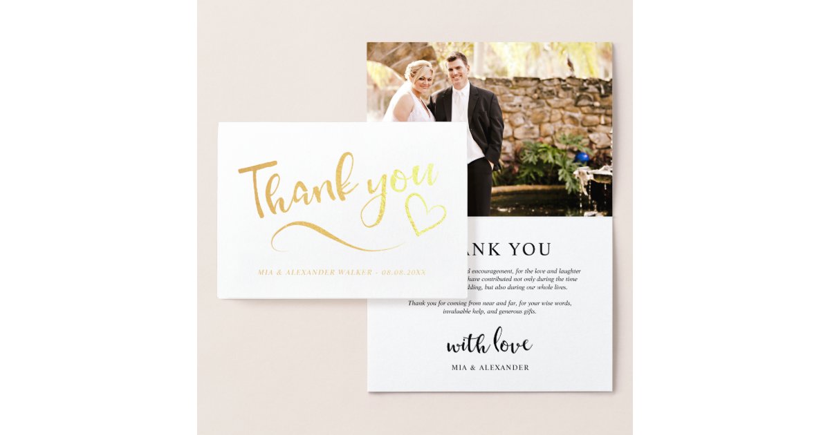 Gold Heart Wedding Photo Thank You Foil Card | Zazzle