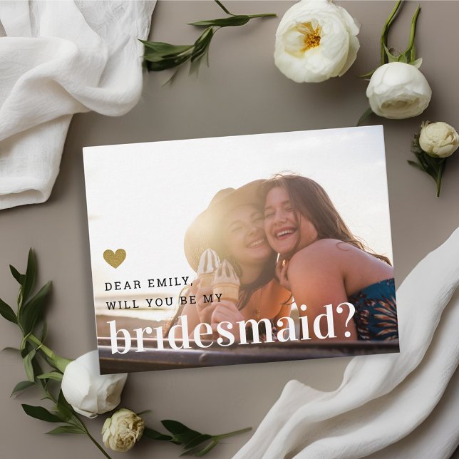 Gold Heart Will You Be My Bridesmaid Photo Invitation Postcard (Creator Uploaded)