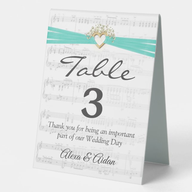 Gold Heart with Aqua Ribbon On Sheet Music Table Tent (Front)