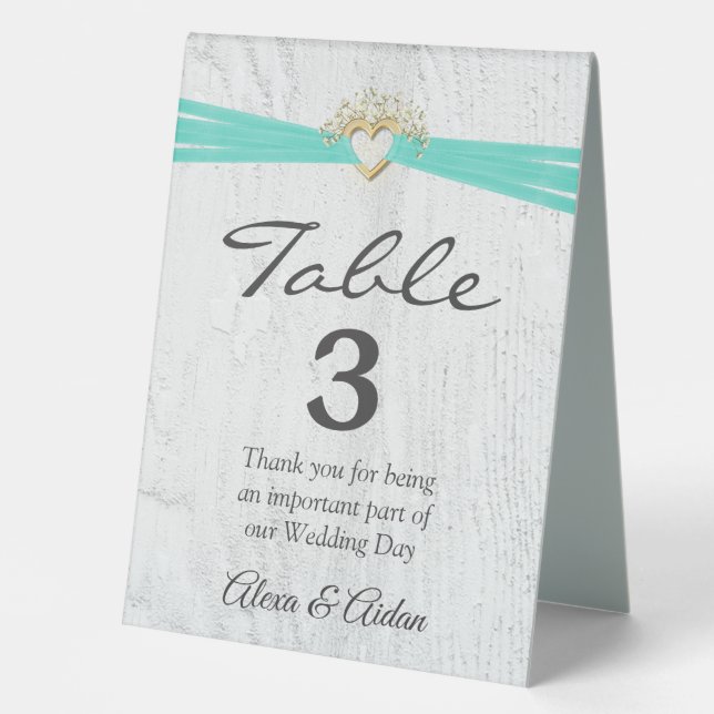 Gold Heart with Aqua Ribbon On Whitewashed Wood  Table Tent (Front)