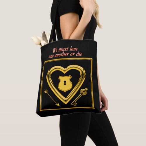 Gold heart with arrows and locks for love tote bag