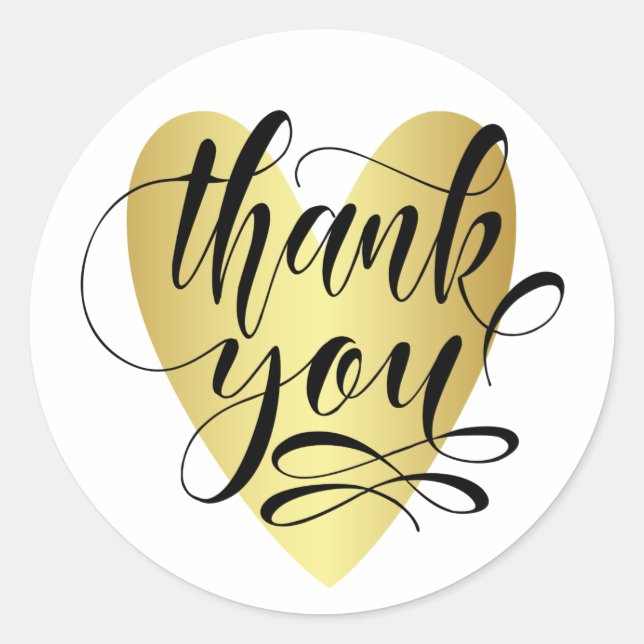 Gold Heart with Calligraphy Thank You Classic Round Sticker (Front)