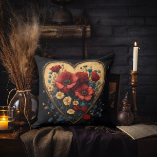 Gold Heart with Poppies Inside Throw Pillow