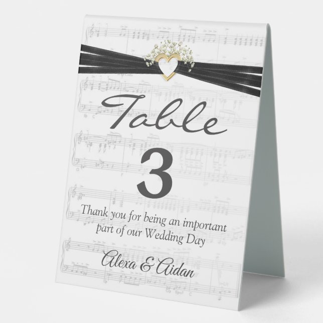 Gold Heart with Ribbon On Sheet Music Table Tent (Front)